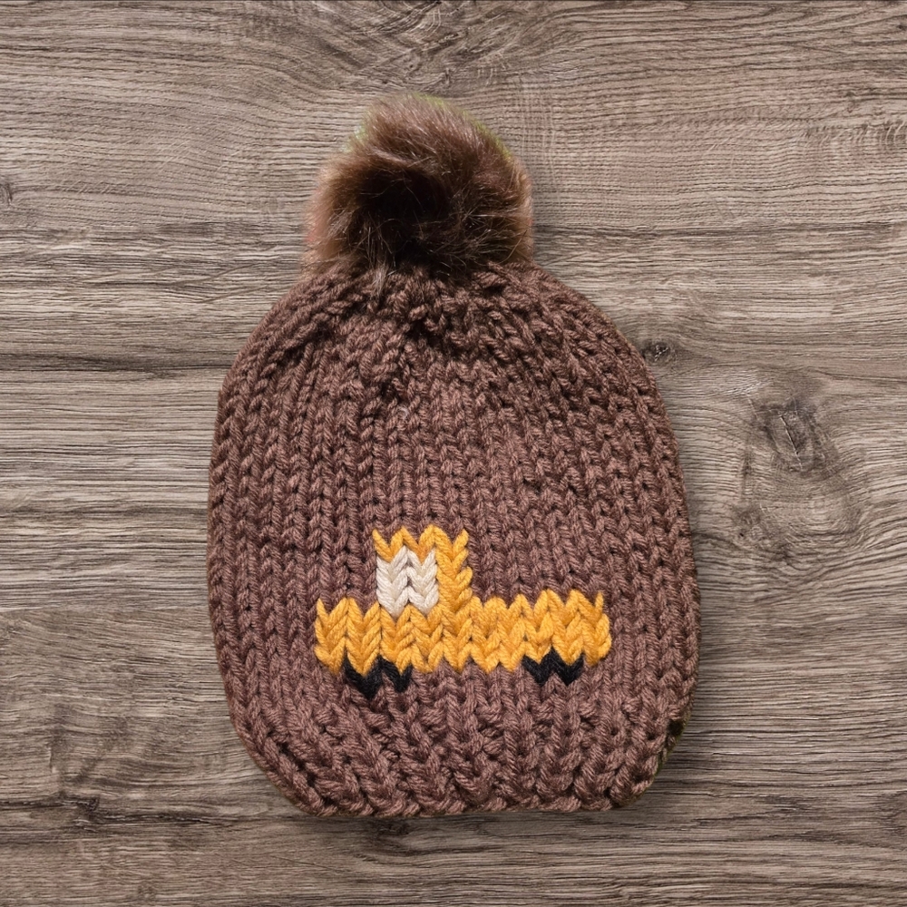 Handmade Knitted Youth Winter Hat with Yellow Truck and PomPom